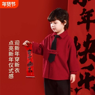 儿童装男童秋冬装灯芯绒衬衫2026街舞红色中大童女童加绒上衣新年