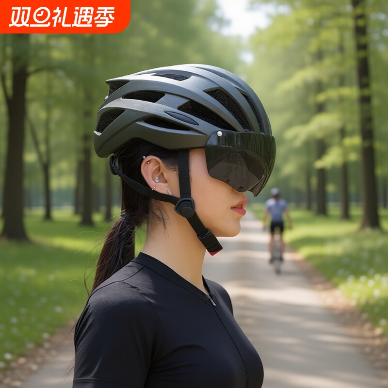 公路骑行自行车头盔带风镜一体成型骑行头盔男女山地公路车安全帽