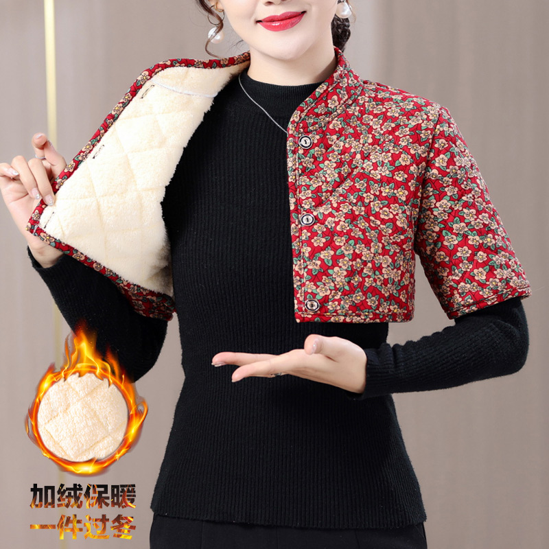 妈妈秋冬加绒加厚护肩驼绒棉短袖小背心中老年女装护颈椎坎肩肩膀