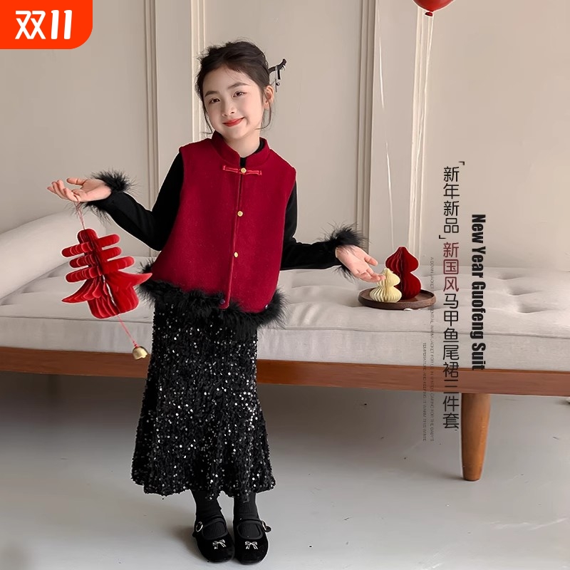 女童新中式红色拜年服长裙套装潮