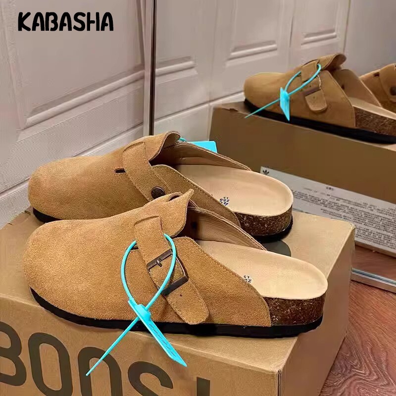 真皮勃肯鞋男女软木包头一脚蹬半拖2024秋冬新款厚底外穿博肯拖鞋