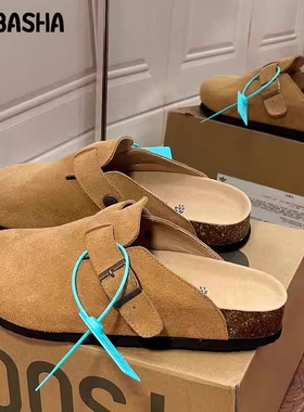 真皮勃肯鞋男女软木包头一脚蹬半拖2024秋冬新款厚底外穿博肯拖鞋