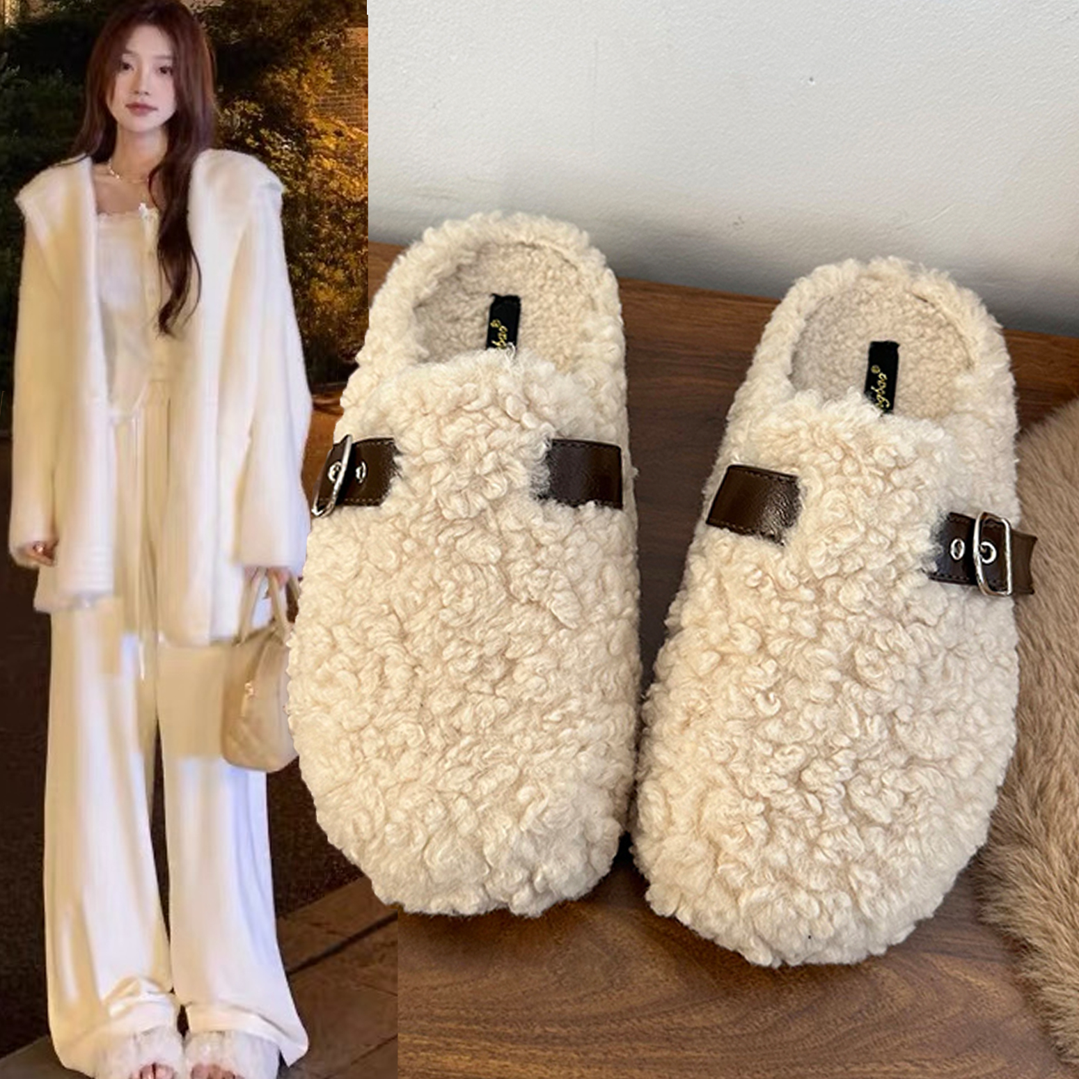 厚底羊羔毛包头毛毛拖鞋女外穿2025秋冬新款一脚蹬毛绒加绒棉拖鞋