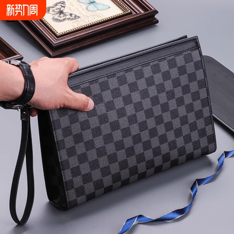 新款商务出差手提包男轻奢时尚大容量公文包通勤休闲手拿包格纹包