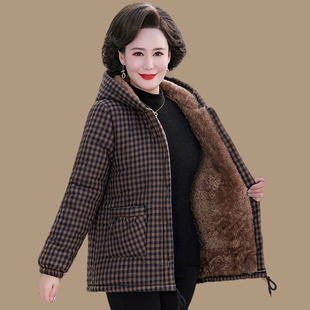 冬装外套加绒加厚棉袄女士夹棉连帽棉衣中老年妈妈装休闲保暖棉服