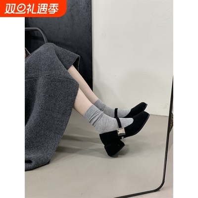 方头呢子粗跟单鞋女冬季款法式2025年春秋奶奶鞋高跟玛丽珍毛毛鞋