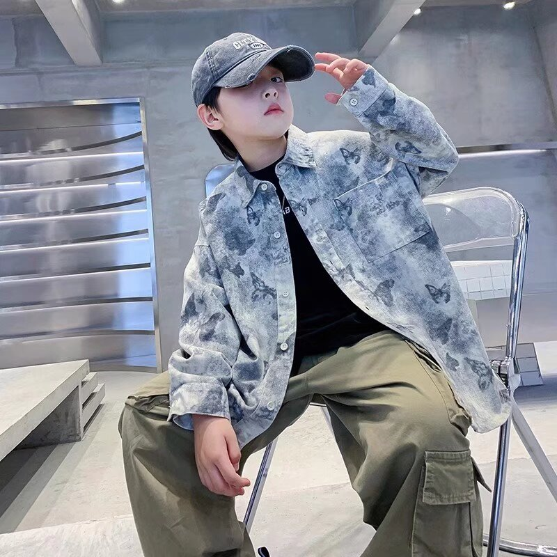 男童衬衫外套春秋款2025新款潮牌扎染衬衣中大童韩版痞帅炸街上衣