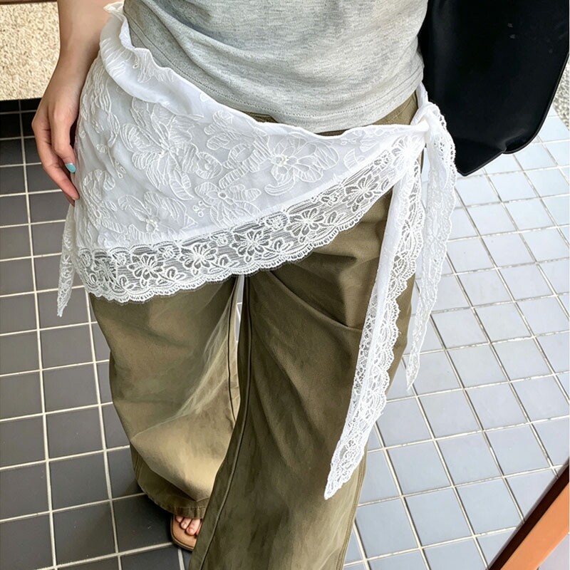 韩式蕾丝花边小众叠穿蕾丝花朵三角巾屁帘系带半身裙帘丝巾腰带巾
