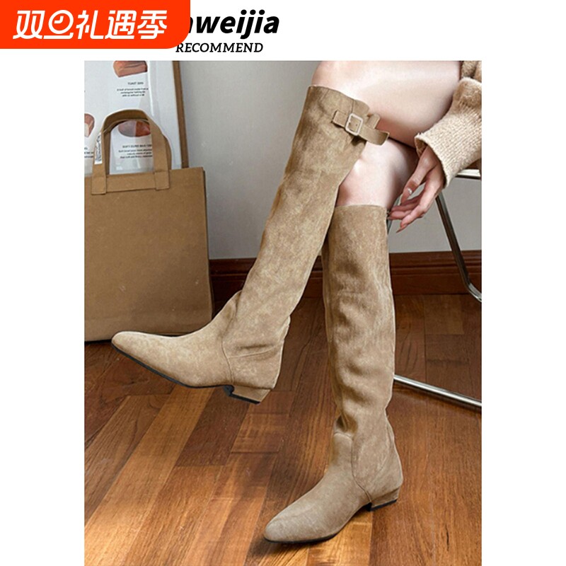 尖头堆堆靴女2025新款美拉德骑士靴真皮长靴棕色废长筒靴高筒粗跟