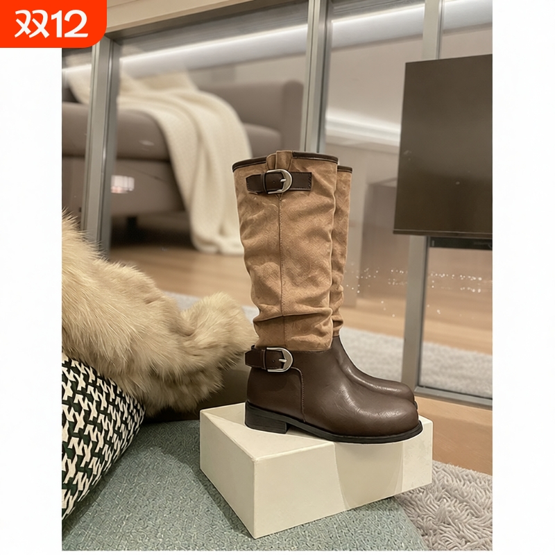 马思纯同款~增高4/7cm时髦扣带圆头拼接粗跟骑士长筒靴女堆堆短靴