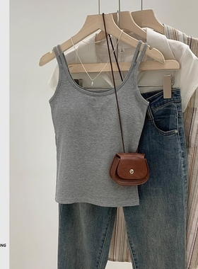 夏季灰色吊带背心女带胸垫文胸一体修身遮副乳外穿双肩带短款上衣