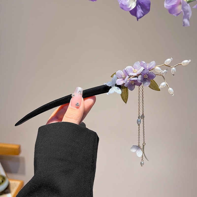 紫藤花发簪女夏颤珍珠流苏簪子古风汉服步摇发钗头饰蝴蝶发饰旗袍