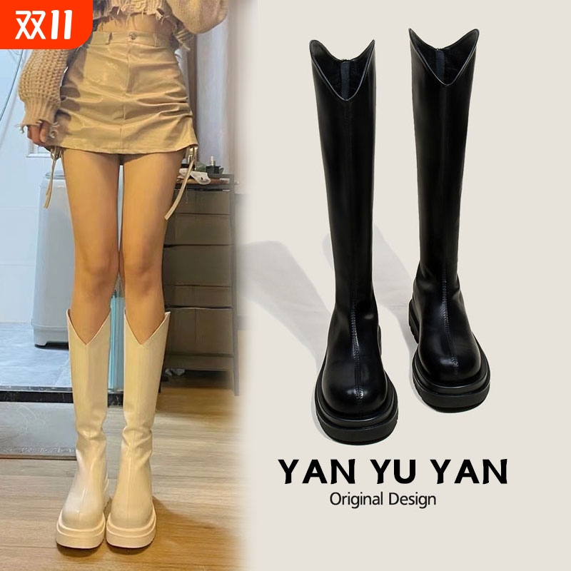 v口长靴女2024秋冬新款厚底显瘦增高白色长筒靴骑士靴棕色黑色