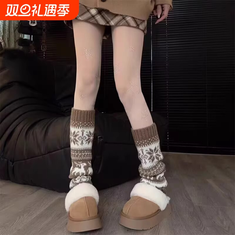 秋冬保暖圣诞费尔岛雪花复古日系辣妹针织堆堆袜套羽毛球袜子中筒