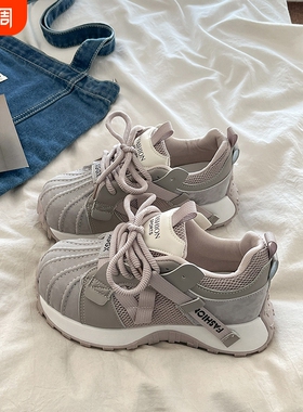 厚底灰色贝壳头老爹鞋女2026春季新款复古增高轻便休闲阿甘运动鞋