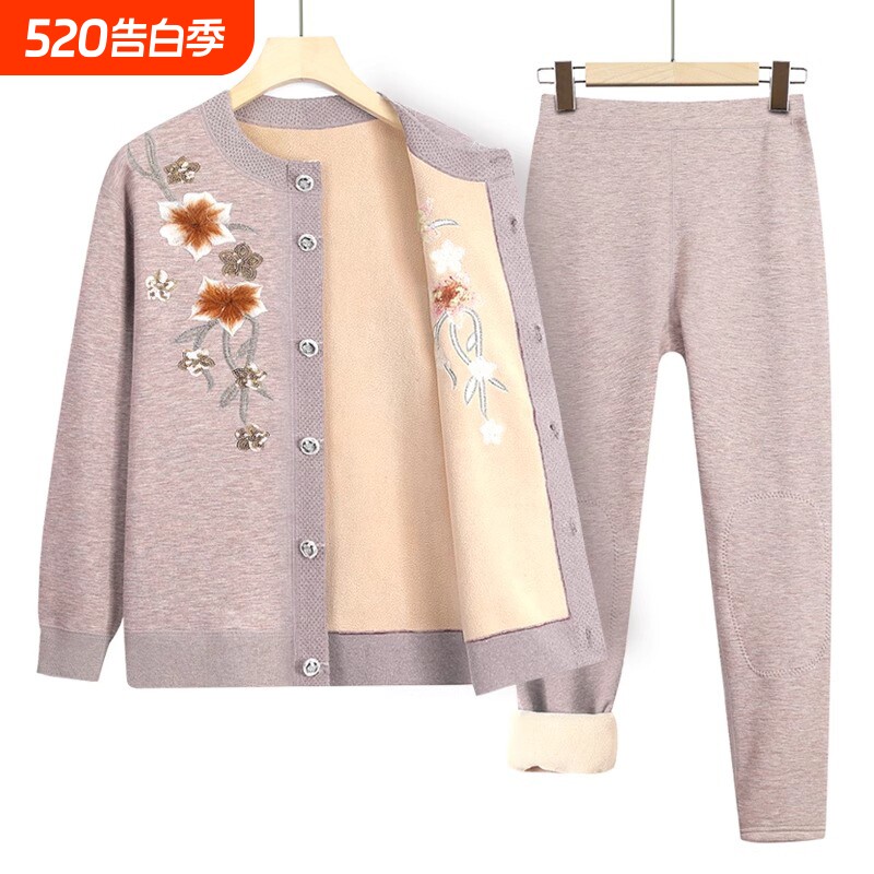 妈妈保暖内衣套装加绒加厚中老年人秋冬女衣服奶奶冬装红色开衫