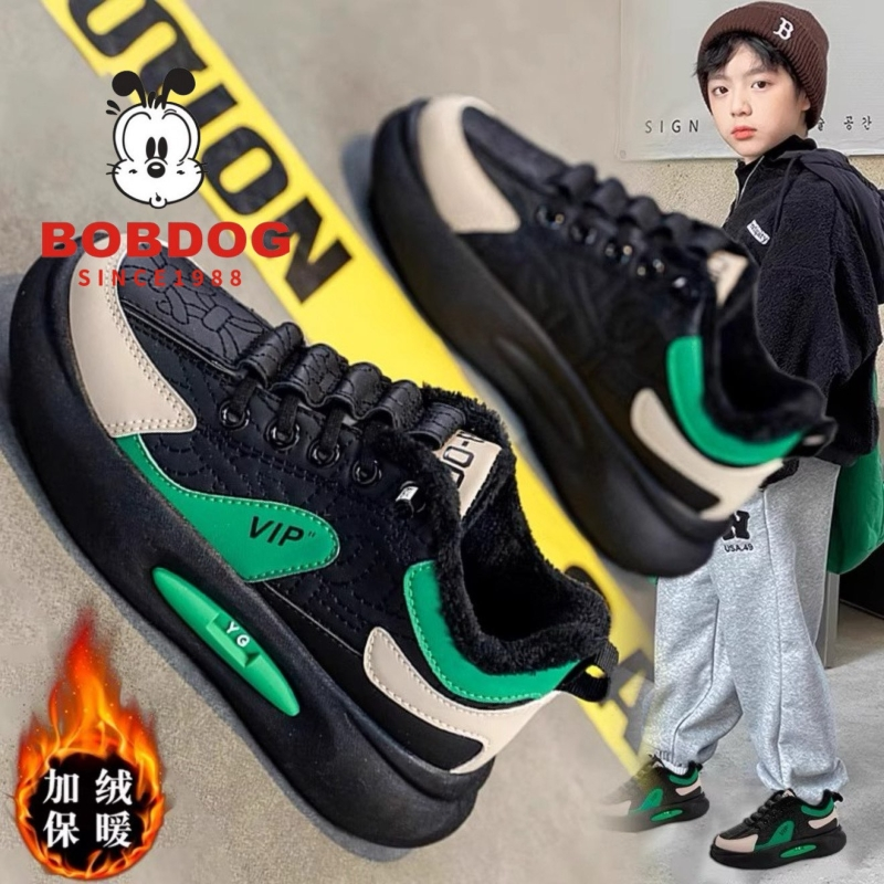 巴布豆真皮男童棉鞋2025新款冬季儿童二棉运动鞋加绒中大童保暖鞋