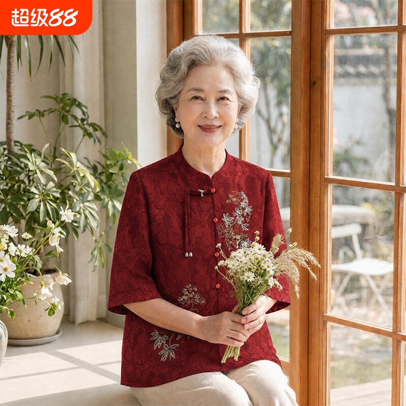 奶奶夏装新款国风衬衫中老年套装图片
