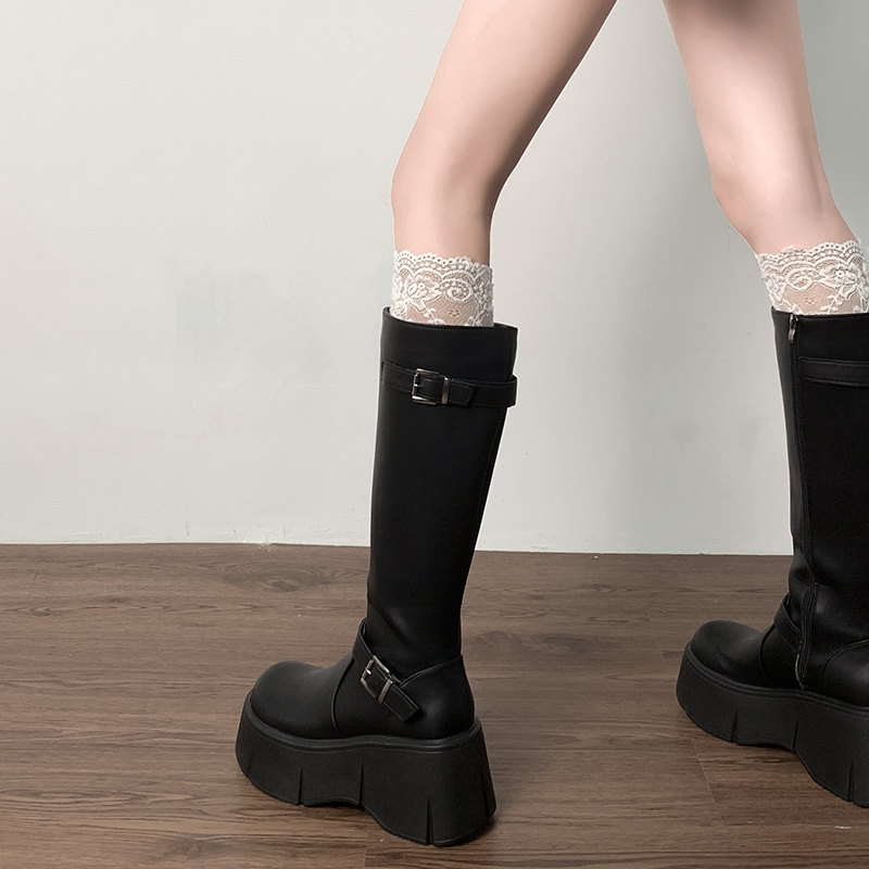 黑色厚底长筒靴女2025新款秋季小个子胖mm显瘦增高骑士靴高跟高