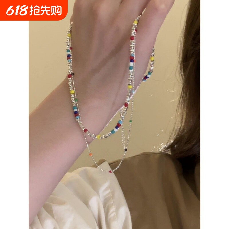 轻奢串珠碎银子项链夏季彩色小众女款锁骨链颈链高级感配饰七夕