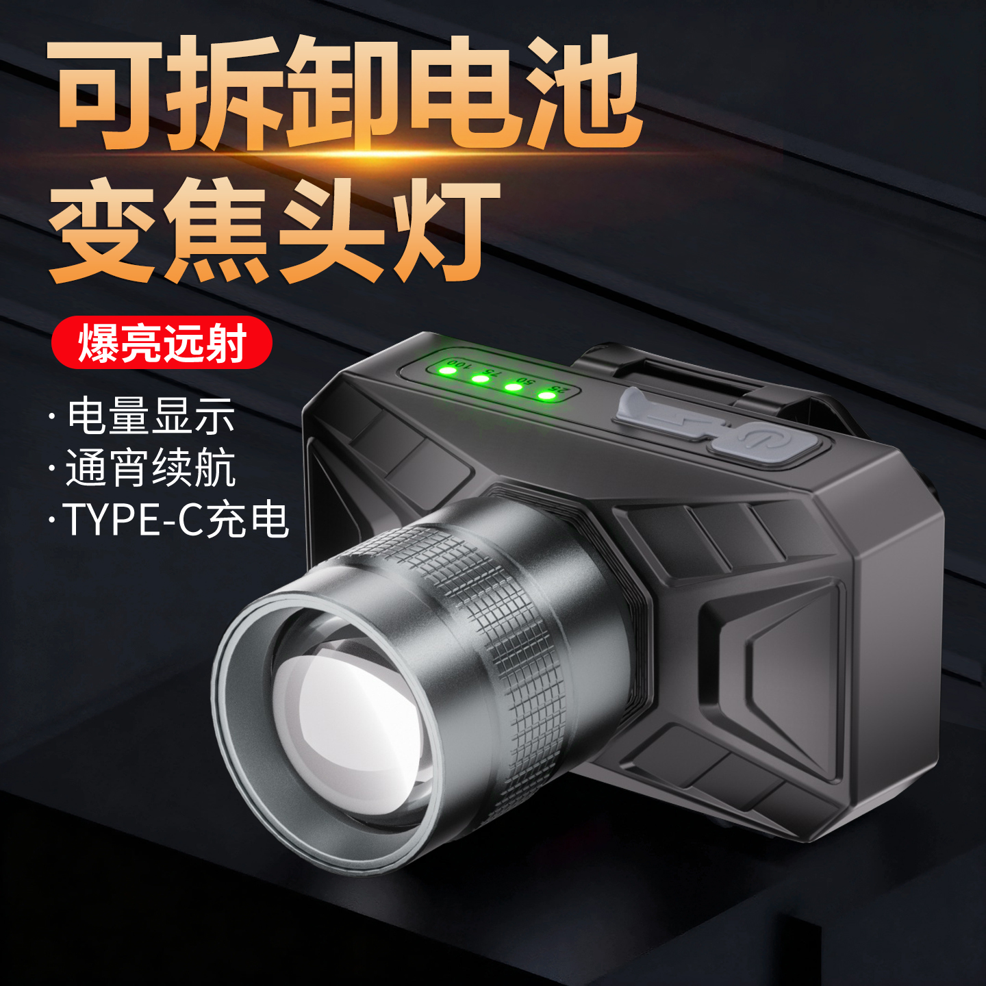 新款头灯强光充电超亮超长续航变焦户外头戴式手电筒夜钓疝气矿灯