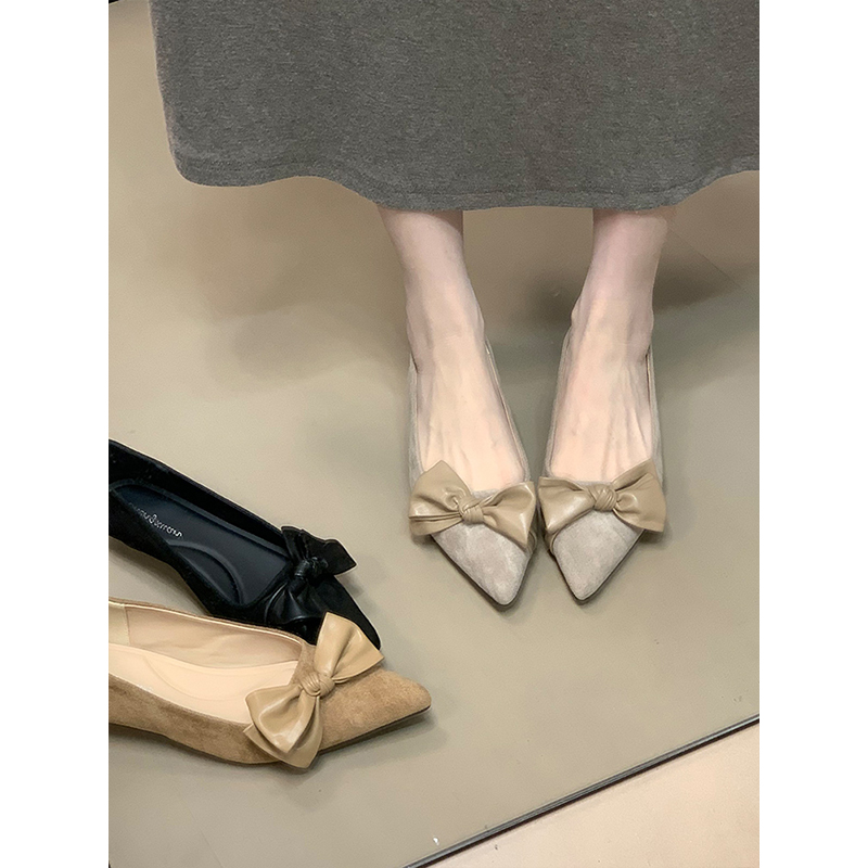 ocean one 尖头绒面低跟气质单鞋蝴蝶结2025秋季新款百搭通勤女鞋