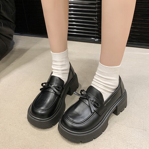 意尔康心选学院风百搭一脚蹬乐福鞋女2026春季新款蝴蝶结厚底粗跟