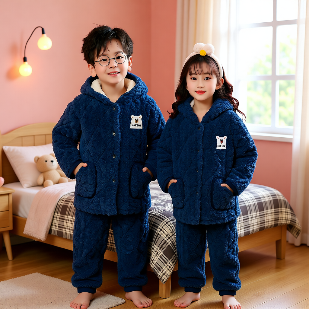 儿童睡衣加厚冬季三层加绒夹棉