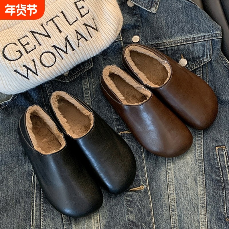 皮面防水加绒豆豆鞋女冬季2025新款一脚蹬保暖毛毛鞋软底孕妇棉鞋,女鞋,棉鞋,淘宝优惠券,粉丝福利购,淘宝优惠卷