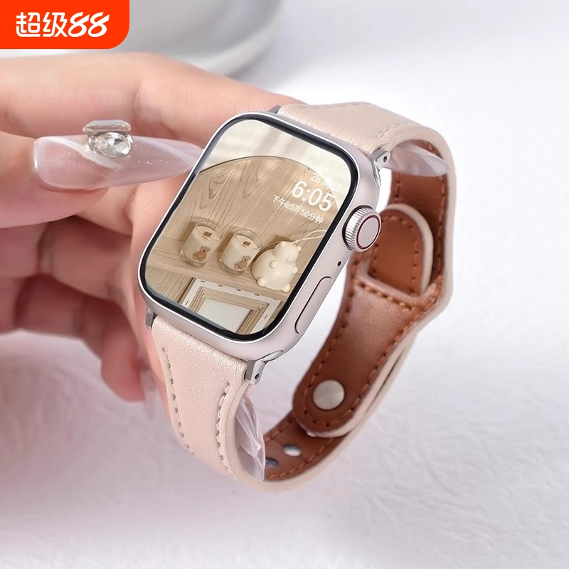 适用苹果S10手表新款ApplewatchS9细腰钉扣皮质表带iWatch高级感秋天8智能7配件6时尚SE个性5小众4透气ins风3