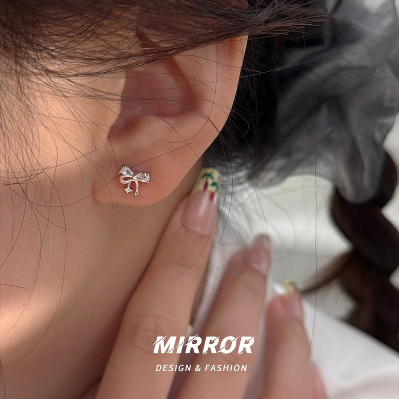 小麋人925纯银蝴蝶结耳钉女耳环耳饰简约时尚ins风气质潮金属流
