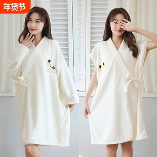 浴袍女夏季2025新款珊瑚绒可穿式女款睡袍吸水速干短袖大码浴巾裹