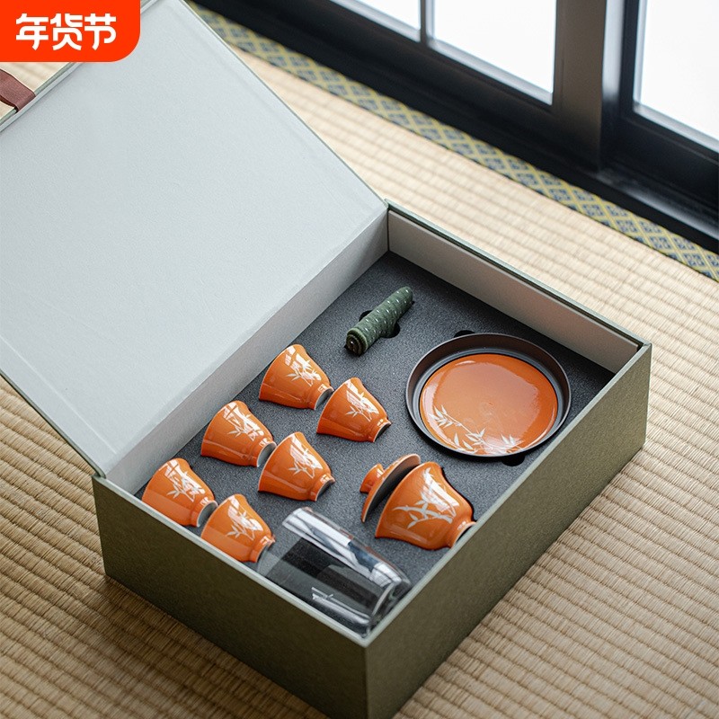 陶瓷釉下彩留白手绘竹影茶具套装盖碗茶杯伴手礼功夫茶具整套送礼,餐饮具,功夫茶具,淘宝优惠券,粉丝福利购,淘宝优惠卷