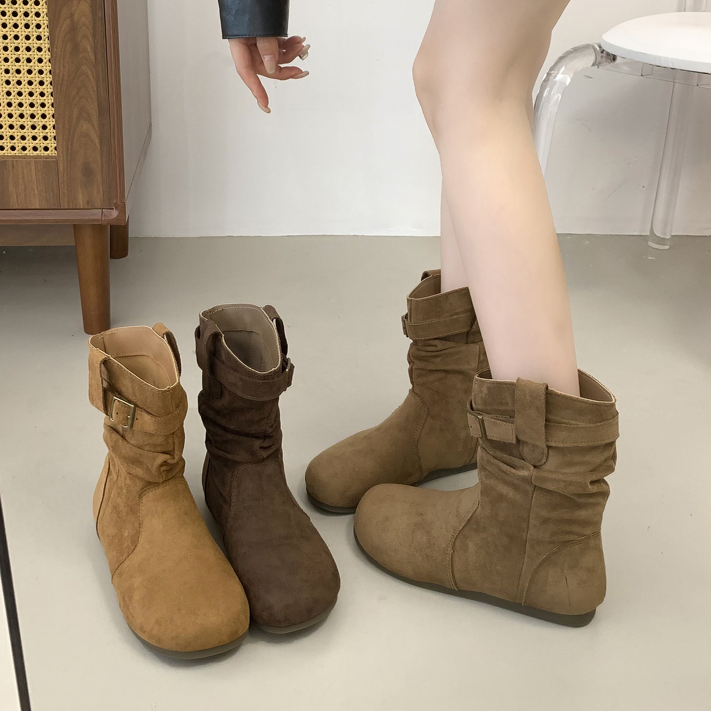 内增高短靴女款2025秋季新款牛仔靴勃肯马丁靴子棕色中筒咖色磨砂