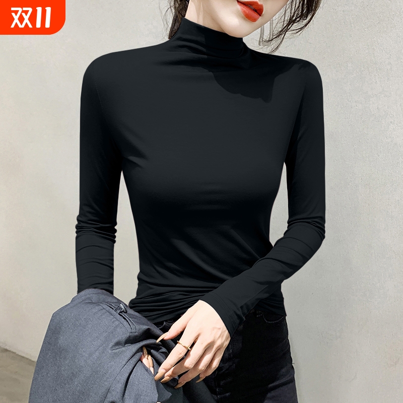 黑色莫代尔半高领打底衫女春秋冬内搭修身长袖高级感薄款保暖上衣