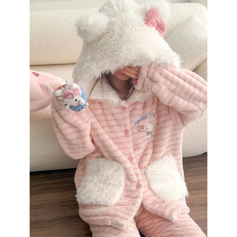 HelloKitty珊瑚绒睡衣女款秋冬季加绒加厚冬天可爱女士家居