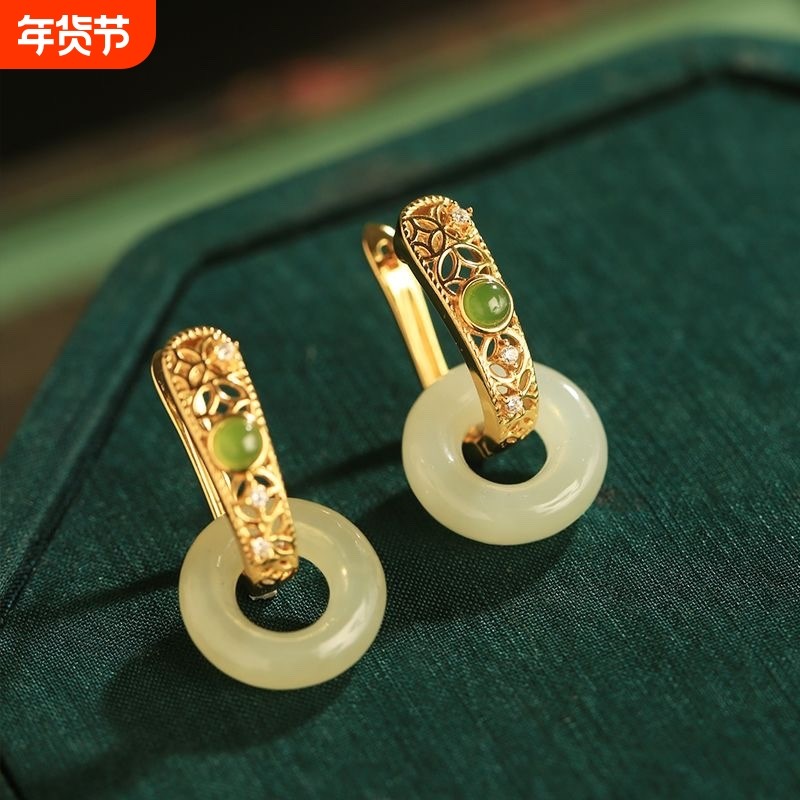 中式2023平安扣耳环气质玉石耳扣新品女款耳坠时尚潮流个性饰品