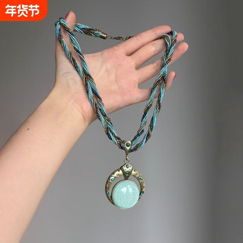 【寻光】波西米亚中古蓝色麻花米珠项链女小众民族风古铜镜锁骨链