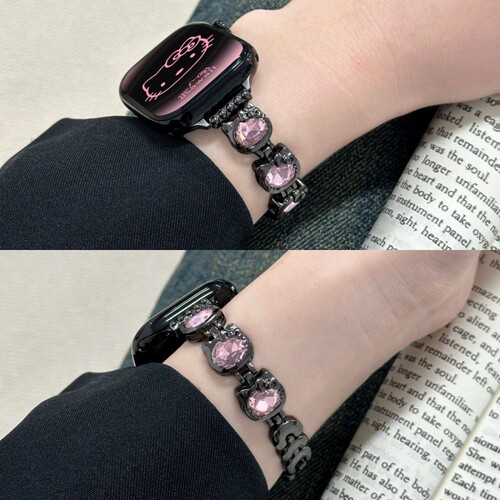适用iWatchS11新款kitty猫镶钻夏天se3个性金属表带Applewatchs10/S9/S8/S7苹果手表女生ultra3运动金属高级