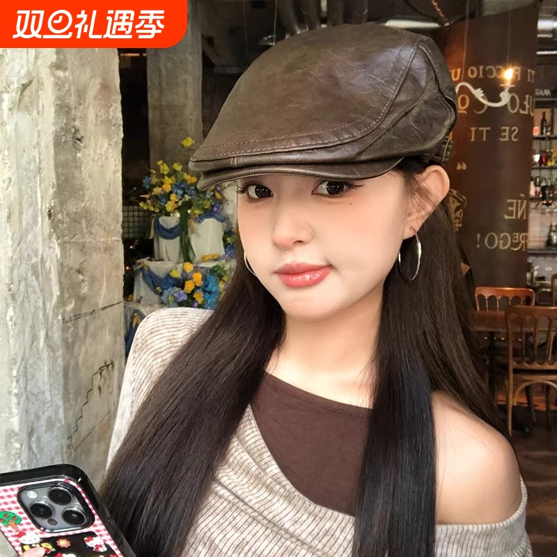 复古pu皮质前进帽男女秋冬时尚英伦风报童帽街头时髦个性画家帽子
