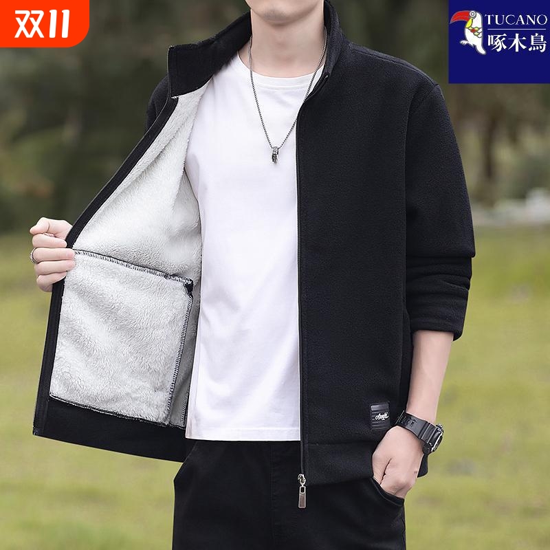 啄木鸟男士外套春秋冬休闲立领夹克抓绒衣摇粒绒加绒开衫上衣大码