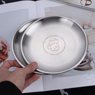 盘子小熊ins风哑光不锈钢圆盘304韩式 烤肉盘托盘金属盘野餐盘