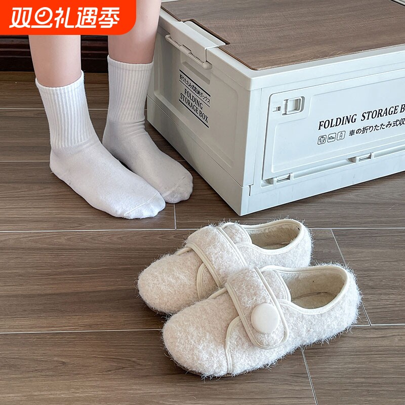 平底小众魔术贴加绒毛毛鞋女2025新款秋冬懒人外穿豆豆二棉鞋单鞋