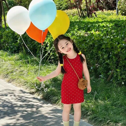 女童夏季休闲红色波点背心连衣裙