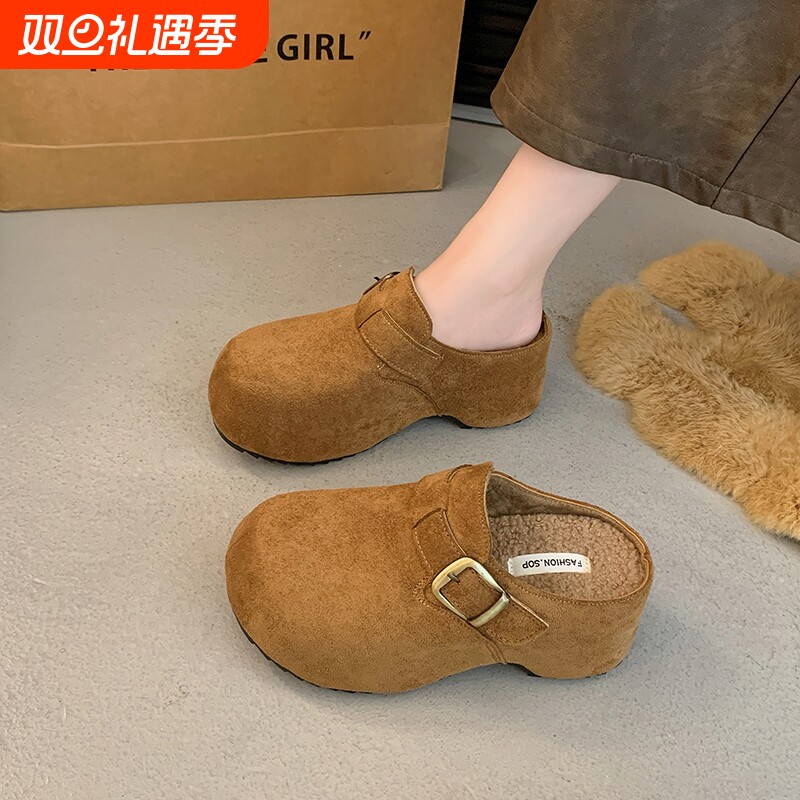 复古内增高厚底勃肯鞋女外穿2025新款秋冬加绒一脚蹬懒人包头半拖