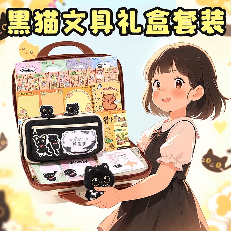 ▶小黑猫笔袋孩子喜欢的文具套装