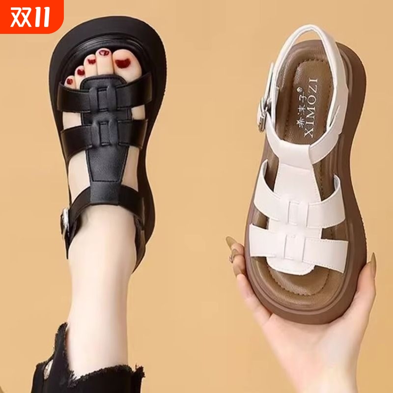 配裙子厚底凉鞋女夏季2025新款真皮防滑增高软底罗马鞋沙滩鞋中跟
