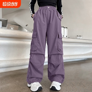 女童裤子工装裤春装初中生女孩春季长裤大童阔腿裤儿童加绒运动裤