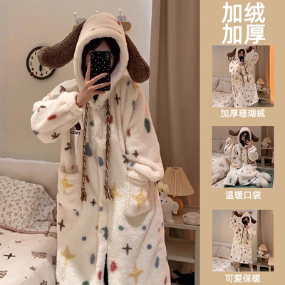 加厚珊瑚绒派对狗睡衣女秋冬睡袍