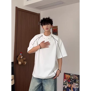 白色解构拼接条纹t恤男夏季设计感小众正肩短袖美式高街重磅半袖